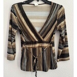 Poetry Clothing Women Brown 3/4 Sleeve Blouse belted striped multicolor v-neck M